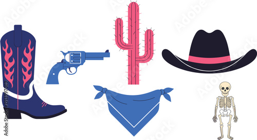 Western Cowboy Icons Vector Set Featuring Hat Bandana Revolver Boot Cactus Skeleton and Desert Elements for Wild West Theme Design and Rodeo Graphics