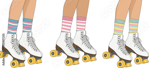 Retro Roller Skates with Striped Socks Vector Illustration Set Featuring Vintage Quad Skating Shoes in Different Color Styles for Sport and Lifestyle Designs
