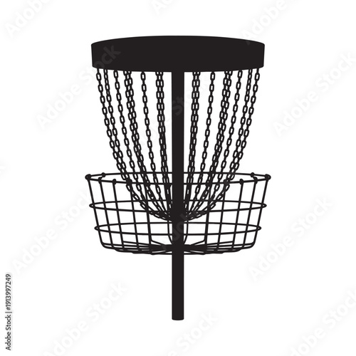 A black silhouette of a disc golf basket with chains and a central net