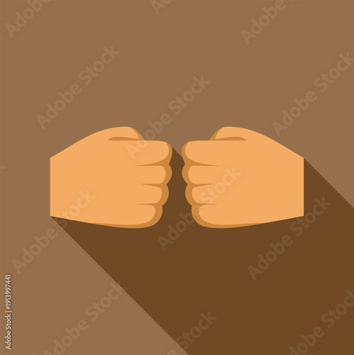 Two clenched fists facing each other on a solid brown background with long shadow effect