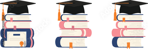 Graduation Book Stack with Academic Cap Vector Illustration Set Featuring Education Symbols, Study Materials, Diploma Concepts and University Learning Achievement Icons