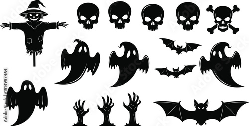 Black silhouette set of Halloween ghosts, bats, skulls, scarecrow and zombie hands, spooky holiday elements, cad drawing flat vector illustration.