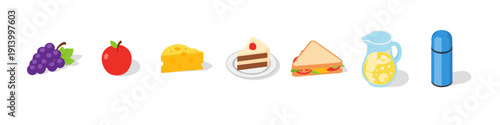Colorful picnic food and drink icons illustration