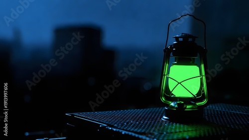 Vintage Lantern Emitting Eerie Green Glow Against Dark City Skyline
