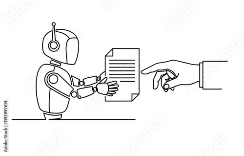 Robot receiving document from human hand in line art illustration
