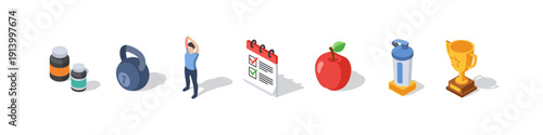 Isometric fitness icons: exercise equipment, nutrition, hydration, achievement