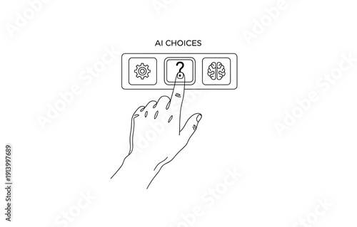 Illustrated hand choosing ai options with gear, question mark, and brain icons