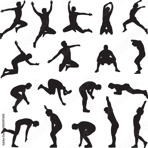 collection of black silhouettes of people in various poses and movements