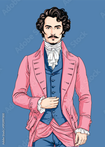 068-13-Dandy man in regency fashion, wearing a stylish pink coat, blue waistcoat, and white cravat