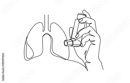 Line drawing of hand holding inhaler near lungs outline