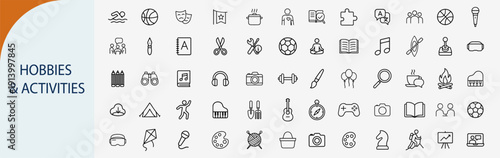 Hobbies and leisure activities icons set, outline symbols for creative interests entertainment sports indoor and outdoor fun vector illustration