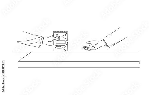 Hand exchange: medicine prescription and payment across a pharmacy counter