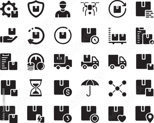 Logistics delivery icons set with various symbols and signs