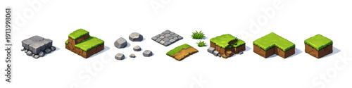 Game asset set: pixel art terrain tiles with grass and rocks for level design