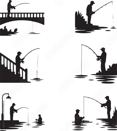 collection of silhouettes of people fishing in various locations