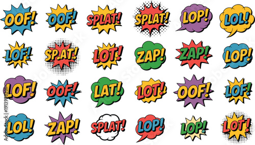 A vibrant collection of comic book style speech and explosion bubbles with dynamic sound effect words