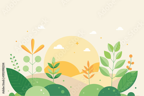 Sunny Day Hill with Young Trees and Bright Sun
