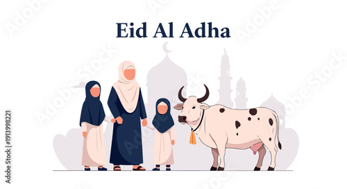 Flat illustration of a Muslim family with a cow in front of a mosque on Eid Al Adha with a celebratory mood.
