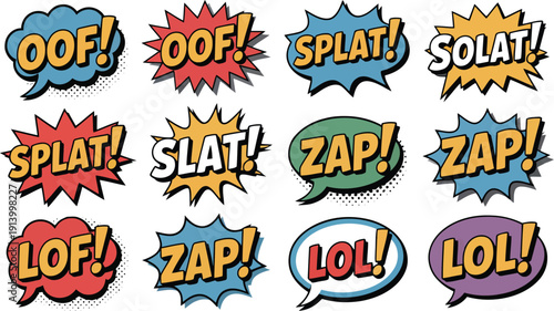 A vibrant assortment of pop art inspired comic style speech and explosion bubbles