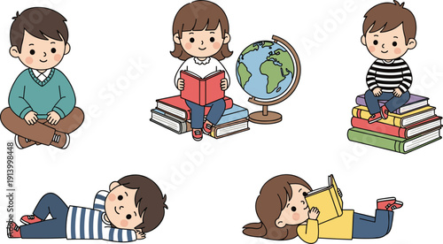 Diverse Child Characters Reading and Sitting on Book Stacks with Globe for Literacy Education, Library Promotion, and Early Childhood Learning Design