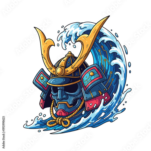 Futuristic Samurai Helmet (Kabuto/Menpo) in a Great Wave of Tech Circuitry | Traditional Japanese Warrior Pop Art