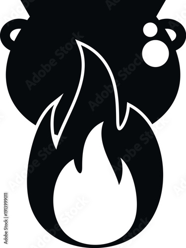 Cauldron with handles above a fire, bubbling and producing a magic potion