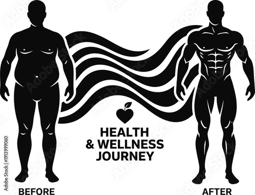 Body Weight Loss Transformation Silhouette, Before and After Fitness Journey Vector, Health and Wellness Concept
