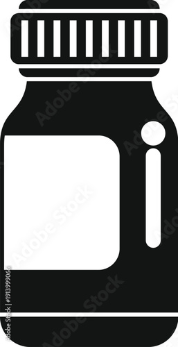 Black and white icon illustrating a medicine bottle and cap for health and pharmacy use
