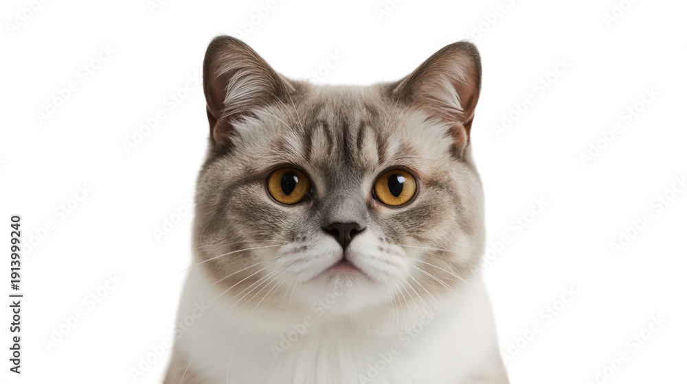 Fototapeta premium Close up of a scottish fold cat with distinctive folded ears and striking yellow eyes on a white background