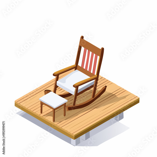 Isometric wooden rocking chair and footstool on a rustic platform, ideal for comfortable outdoor relaxation spot