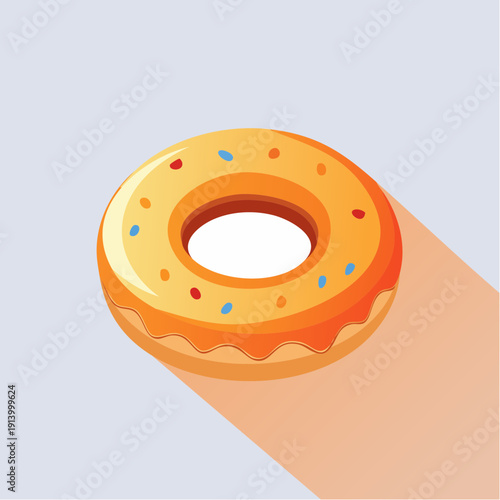 Brightly colored graphic of a single sugary donut, featuring a smooth orange glaze and fun, edible sprinkles with a modern long shadow dessert illustration