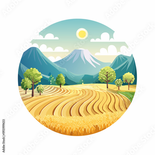 A beautiful idyllic landscape featuring golden fields, rolling hills, lush trees, and majestic mountains under a bright sun
