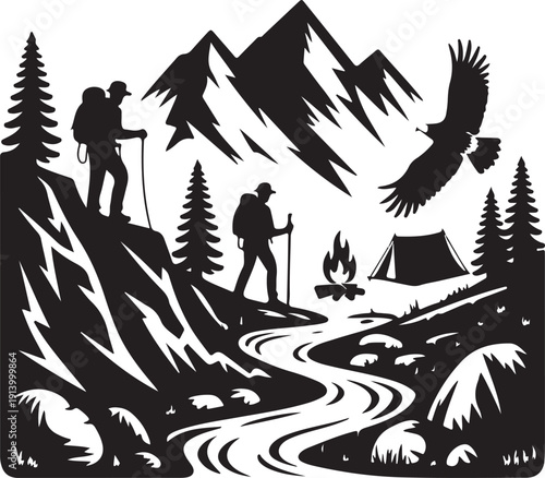 hikers and eagle in mountains with tent and campfire