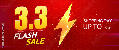 Eye-catching 3.3 Flash Sale banner with golden numbers and a dynamic lightning bolt on a red background. Vector illustration.