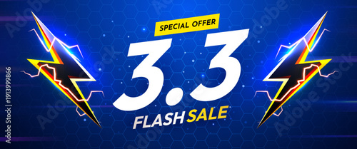 Dynamic 3.3 Flash Sale promotional banner with lightning bolts, ideal for online marketing campaigns. Vector illustration