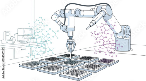 Automated robotic arms assembling electronic circuit boards in a modern factory environment viewed from the side