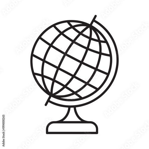 Simple black and white line drawing of a classic world globe on a stand
