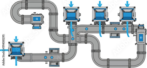 Complex industrial pipe system illustration showcasing machinery and fluid dynamics in a detailed vector graphic