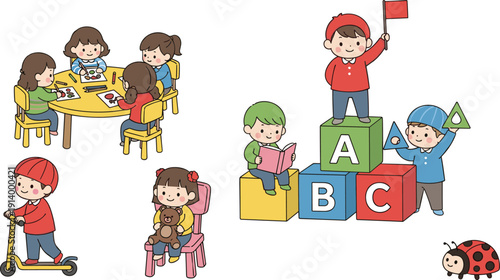 Diverse Preschool Child Characters Engaged in Classroom Activities Including Drawing, Playing with ABC Blocks, and Riding a Scooter for Early Childhood Education