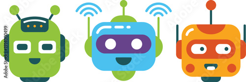 Three colorful cartoon robot heads with antennas and wifi signals, flat design