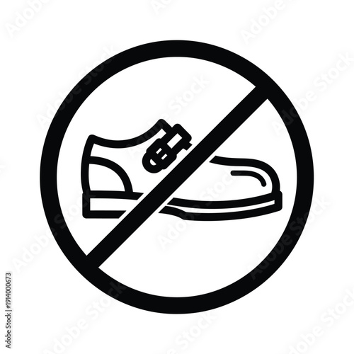 Black line art symbol indicating no shoes allowed inside a circular prohibition sign