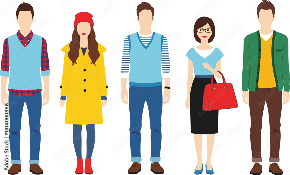 Obraz premium Modern Lifestyle and Fashion Character Set Featuring Trendy Outfits, Seasonal Layering, and Stylized Faceless Avatars for Retail and Professional Blog Design