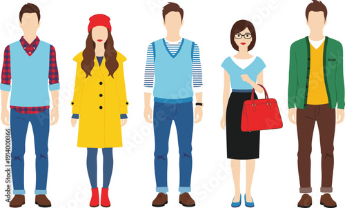 Modern Lifestyle and Fashion Character Set Featuring Trendy Outfits, Seasonal Layering, and Stylized Faceless Avatars for Retail and Professional Blog Design