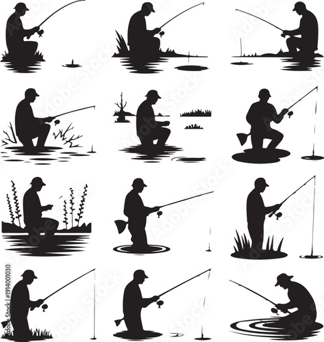 Silhouette of men fishing in various poses on water  recreational activity