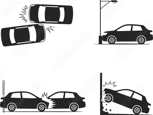Car accident silhouettes collision crash damaged vehicles impact traffic safety danger insurance emergency road illustration black isolated warning