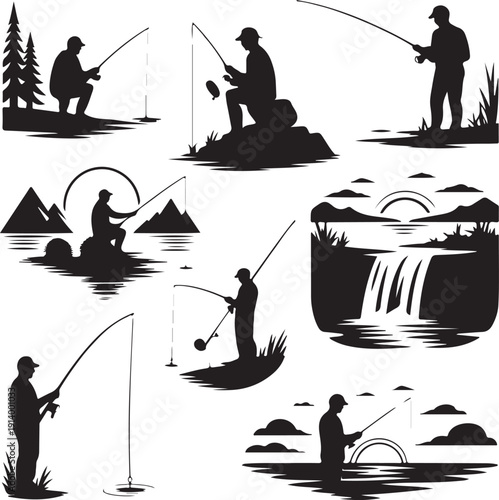 Silhouette of fishermen fishing in various scenic outdoor settings