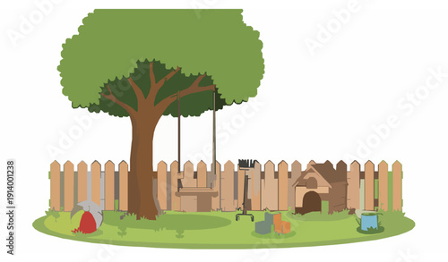 Summer Backyard Cartoon Vector Scene with Wooden Fence Dog House Tree Swing Lawn Flowers and Kids Toys