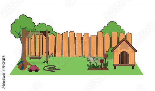 Flat Cartoon Backyard Vector Illustration with Dog Kennel Tree Swing Fence Flowers and Children Toys