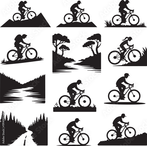 set of black silhouettes of people riding bicycles in various landscapes
