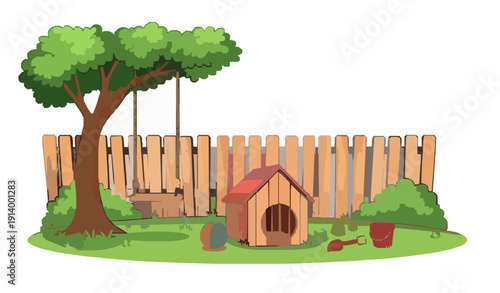 Cute Cartoon Summer Backyard Garden Vector with Dog House Tree Swing Wooden Fence and Kids Toys